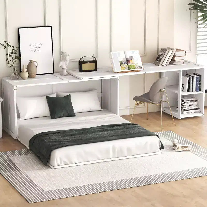 Queen Size Murphy Bed with Rotable Desk, Cabinet Beds Foldable Wall Bed Frame for Guest Room Home Office