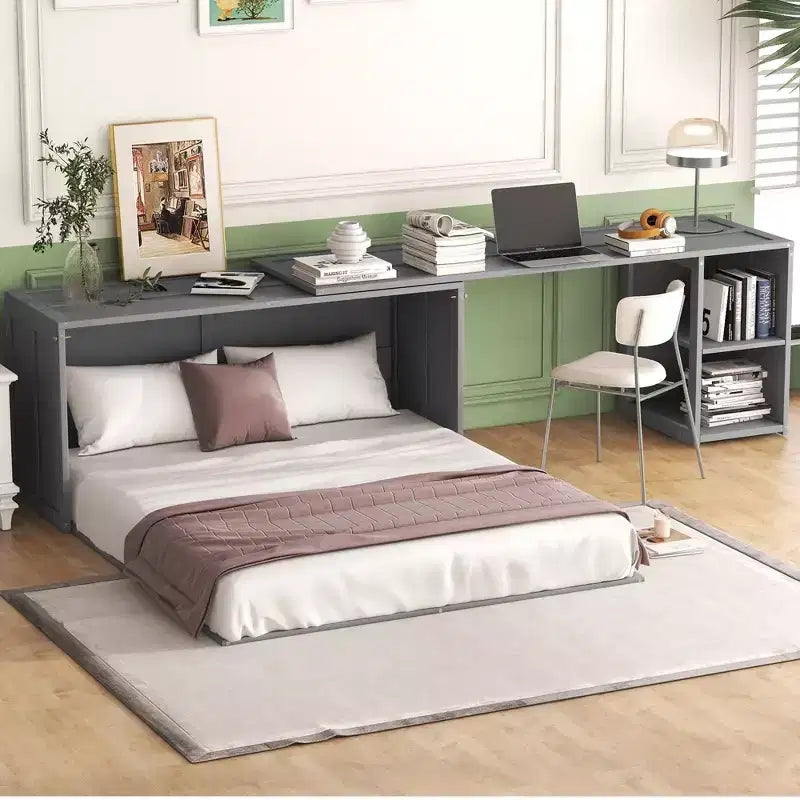 Queen Size Murphy Bed with Rotable Desk, Cabinet Beds Foldable Wall Bed Frame for Guest Room Home Office