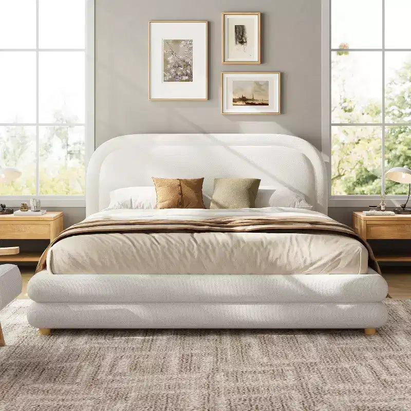 Christopher Knight Home Avery Boucle Upholstered Bed with Thick Curved Headboard Design