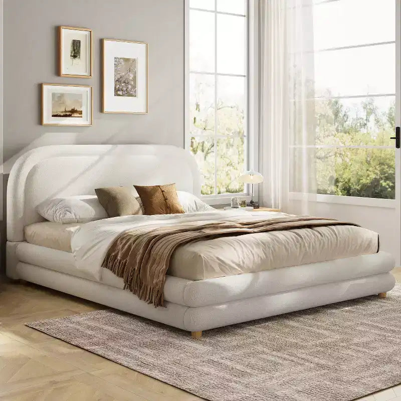 Avery Boucle Upholstered Bed with Thick Curved Headboard Design