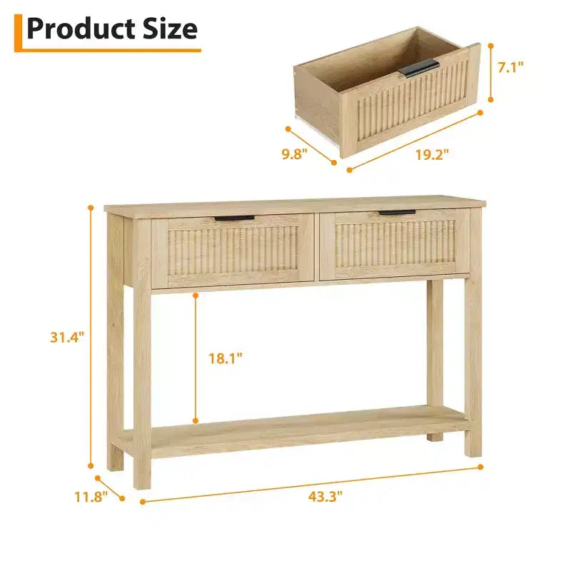 43 Farmhouse Console Table C 2-Drawer & 2-Tier Sofa Table (Burlywood, for Living Room/Entryway)
