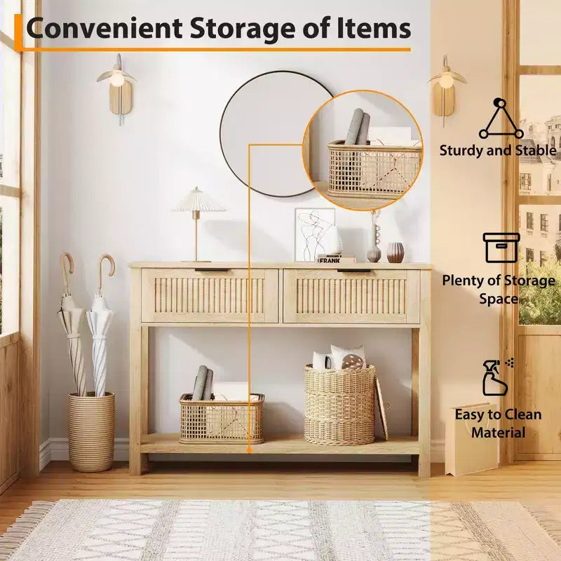 43 Farmhouse Console Table C 2-Drawer & 2-Tier Sofa Table (Burlywood, for Living Room/Entryway)