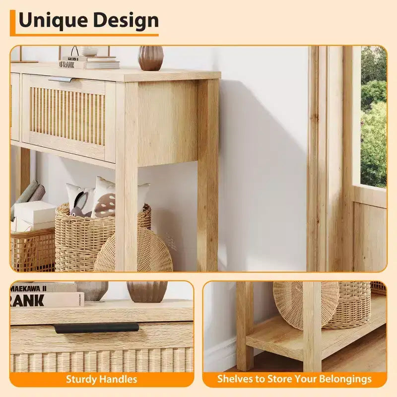 43 Farmhouse Console Table C 2-Drawer & 2-Tier Sofa Table (Burlywood, for Living Room/Entryway)