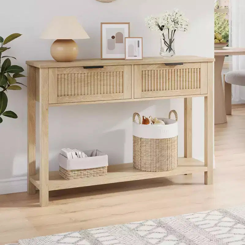43 Farmhouse Console Table C 2-Drawer & 2-Tier Sofa Table (Burlywood, for Living Room/Entryway)
