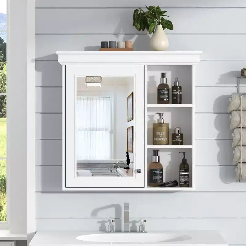 FAMYYT 30 in. W x 28 in. H Rectangular Surface Mount Medicine Cabinet with Mirror, Adjustable Shelves, Soft Closing Hinges