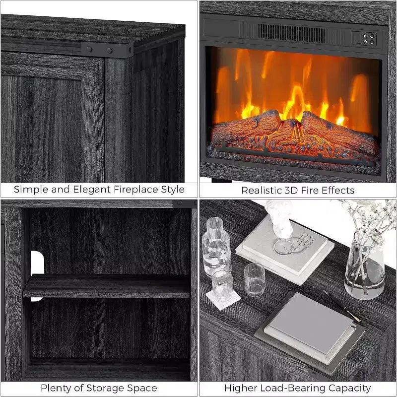 Meuble TV avec cheminée pour téléviseurs jusqu'à 67 pouces avec insert de 23 pouces, meuble de divertissement style ferme de 67 pouces avec cheminée à couleurs réglables et armoires de rangement