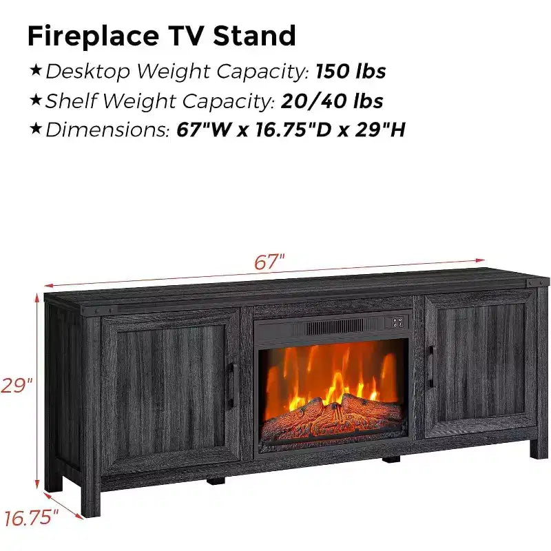 Meuble TV avec cheminée pour téléviseurs jusqu'à 67 pouces avec insert de 23 pouces, meuble de divertissement style ferme de 67 pouces avec cheminée à couleurs réglables et armoires de rangement