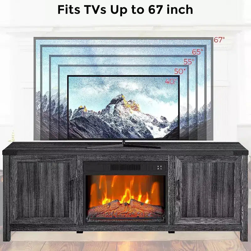 Meuble TV avec cheminée pour téléviseurs jusqu'à 67 pouces avec insert de 23 pouces, meuble de divertissement style ferme de 67 pouces avec cheminée à couleurs réglables et armoires de rangement