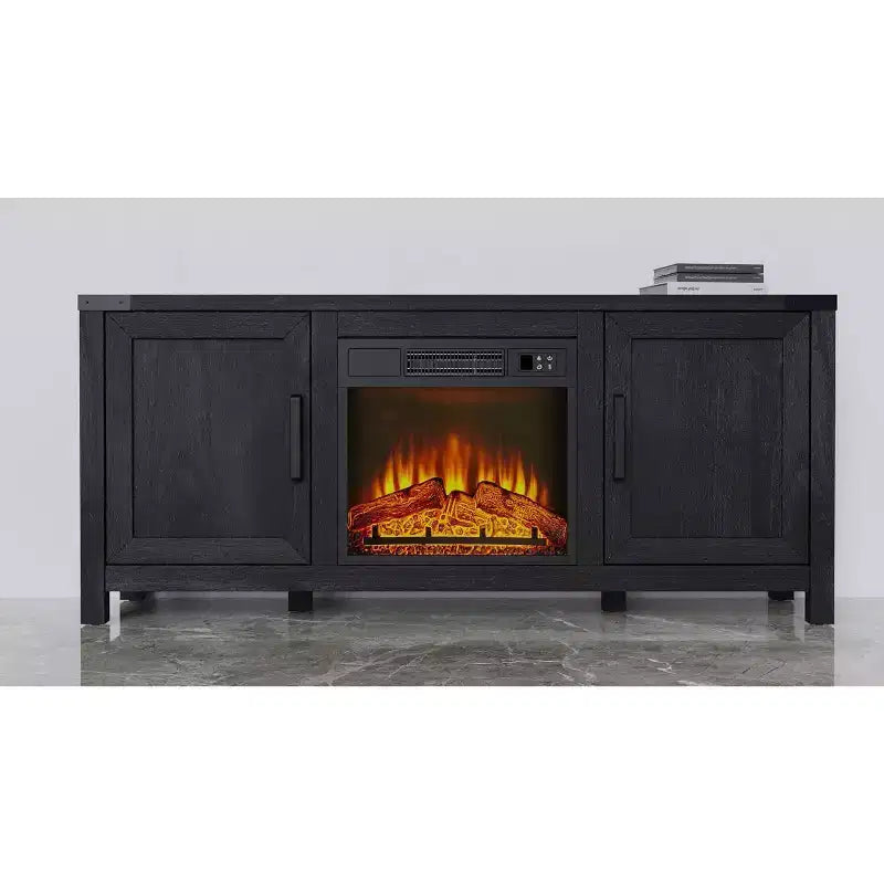 Meuble TV avec cheminée pour téléviseurs jusqu'à 67 pouces avec insert de 23 pouces, meuble de divertissement style ferme de 67 pouces avec cheminée à couleurs réglables et armoires de rangement