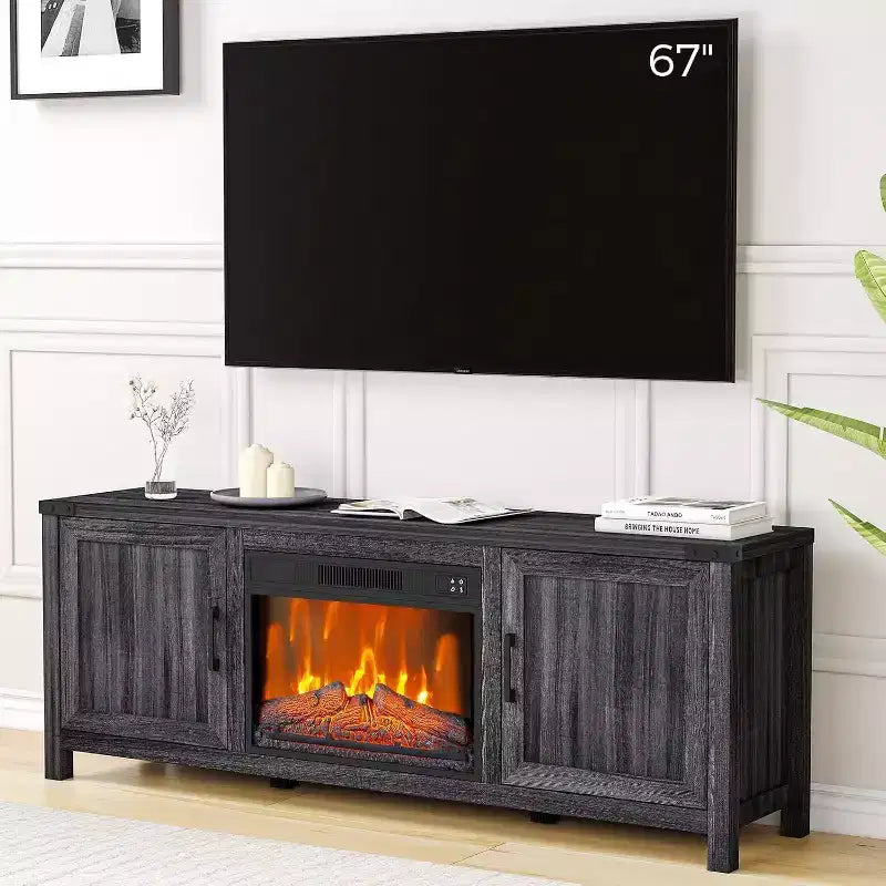 Meuble TV avec cheminée pour téléviseurs jusqu'à 67 pouces avec insert de 23 pouces, meuble de divertissement style ferme de 67 pouces avec cheminée à couleurs réglables et armoires de rangement