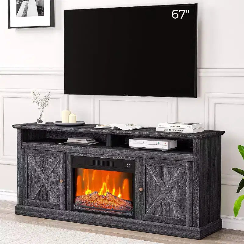 Meuble TV avec cheminée pour téléviseurs jusqu'à 67 pouces avec insert de 23 pouces, meuble de divertissement style ferme de 67 pouces avec cheminée à couleurs réglables et armoires de rangement