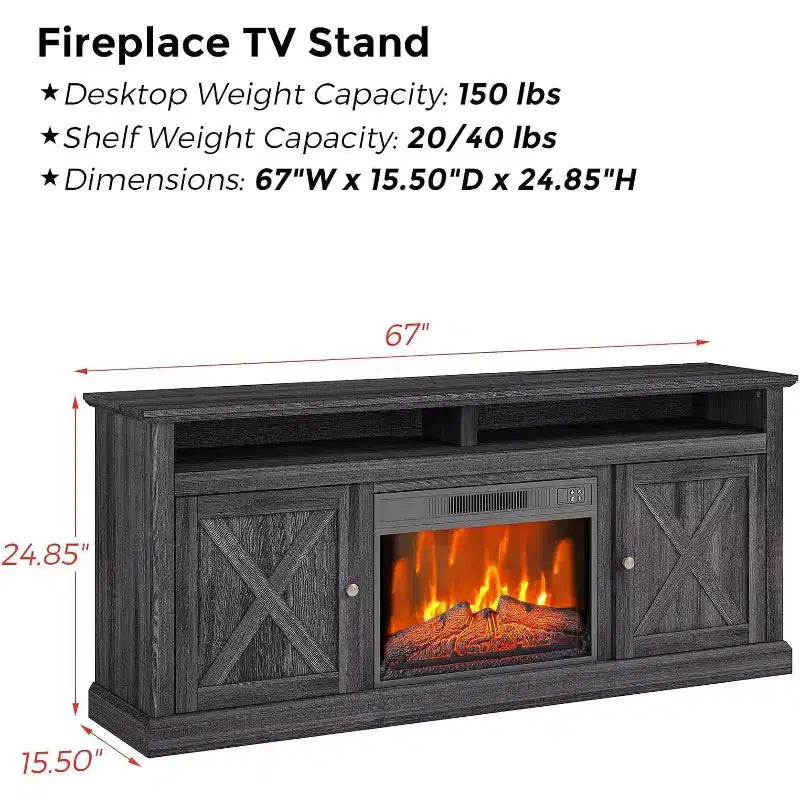 Meuble TV avec cheminée pour téléviseurs jusqu'à 67 pouces avec insert de 23 pouces, meuble de divertissement style ferme de 67 pouces avec cheminée à couleurs réglables et armoires de rangement