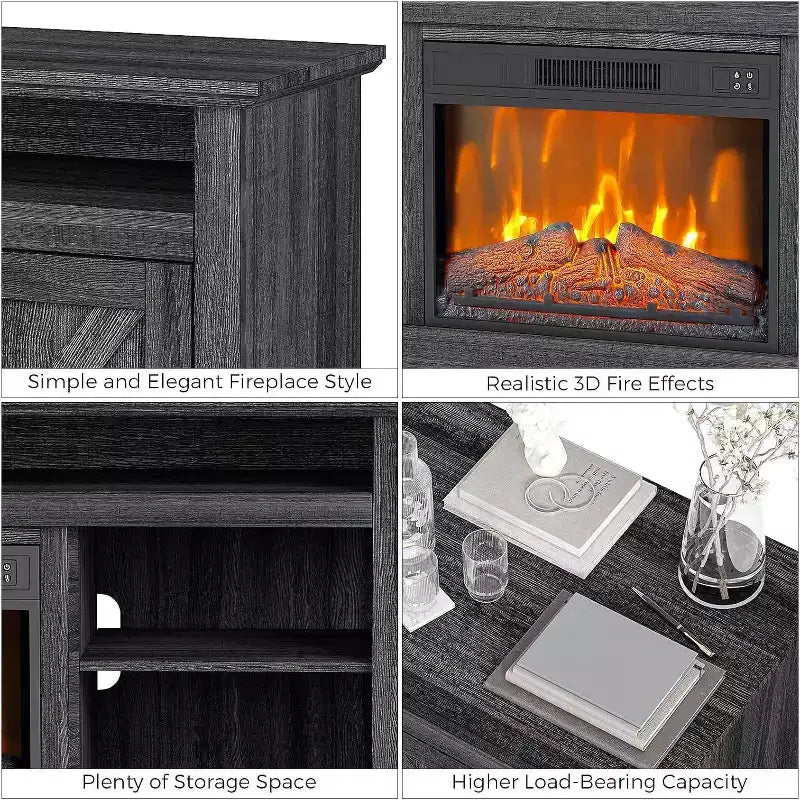 Meuble TV avec cheminée pour téléviseurs jusqu'à 67 pouces avec insert de 23 pouces, meuble de divertissement style ferme de 67 pouces avec cheminée à couleurs réglables et armoires de rangement