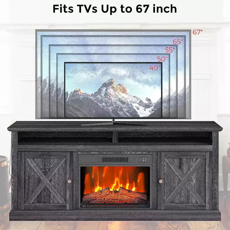 Meuble TV avec cheminée pour téléviseurs jusqu'à 67 pouces avec insert de 23 pouces, meuble de divertissement style ferme de 67 pouces avec cheminée à couleurs réglables et armoires de rangement