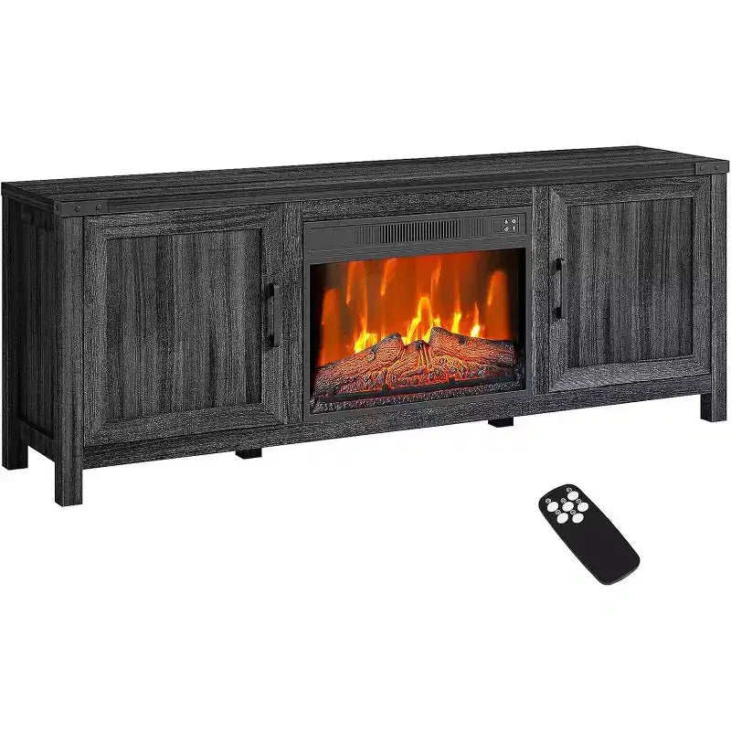 Meuble TV avec cheminée pour téléviseurs jusqu'à 67 pouces avec insert de 23 pouces, meuble de divertissement style ferme de 67 pouces avec cheminée à couleurs réglables et armoires de rangement