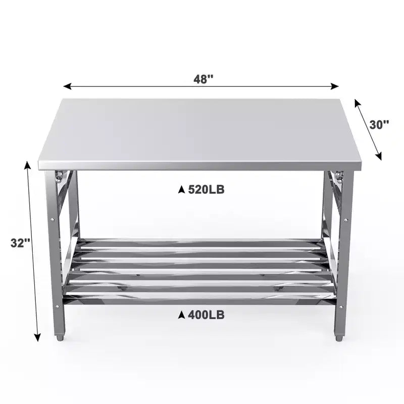 Stainless Steel Table 48x30, Heavy Duty Metal Commercial Prep Table with Open Storage Racks for Restaurant Kitchens, Home Hotels, and Food Prep