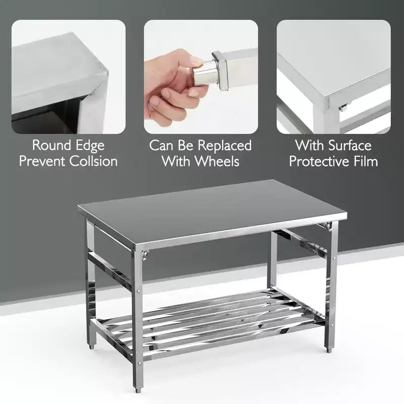 Stainless Steel Table 48x30, Heavy Duty Metal Commercial Prep Table with Open Storage Racks for Restaurant Kitchens, Home Hotels, and Food Prep
