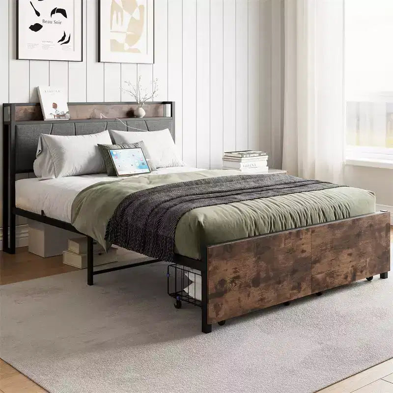 Full Size Platform Bed Frame with Storage Headboard, Charging Ports, 2 Drawers & Hidden Storage, No Box Spring Needed, Easy Assembly