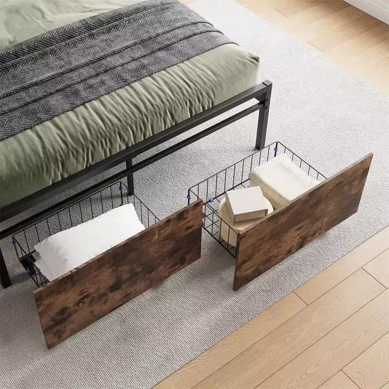 Full Size Platform Bed Frame with Storage Headboard, Charging Ports, 2 Drawers & Hidden Storage, No Box Spring Needed, Easy Assembly
