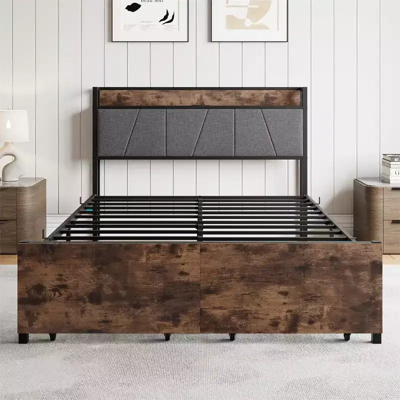 Full Size Platform Bed Frame with Storage Headboard, Charging Ports, 2 Drawers & Hidden Storage, No Box Spring Needed, Easy Assembly