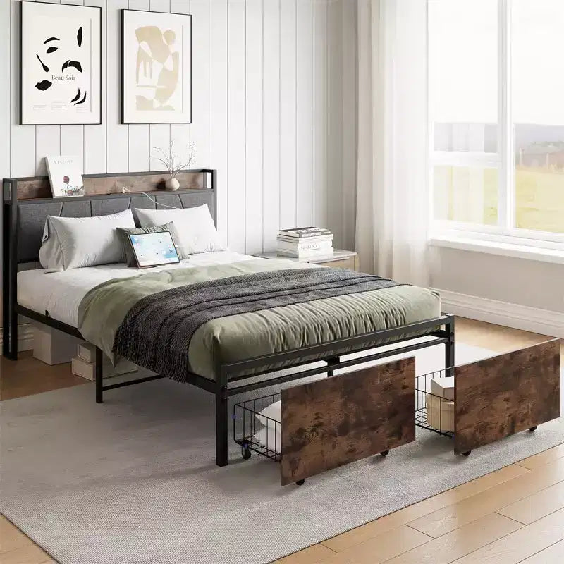 Full Size Platform Bed Frame with Storage Headboard, Charging Ports, 2 Drawers & Hidden Storage, No Box Spring Needed, Easy Assembly