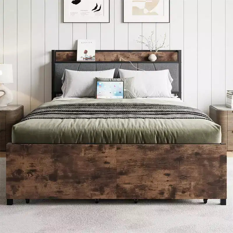 Full Size Platform Bed Frame with Storage Headboard, Charging Ports, 2 Drawers & Hidden Storage, No Box Spring Needed, Easy Assembly