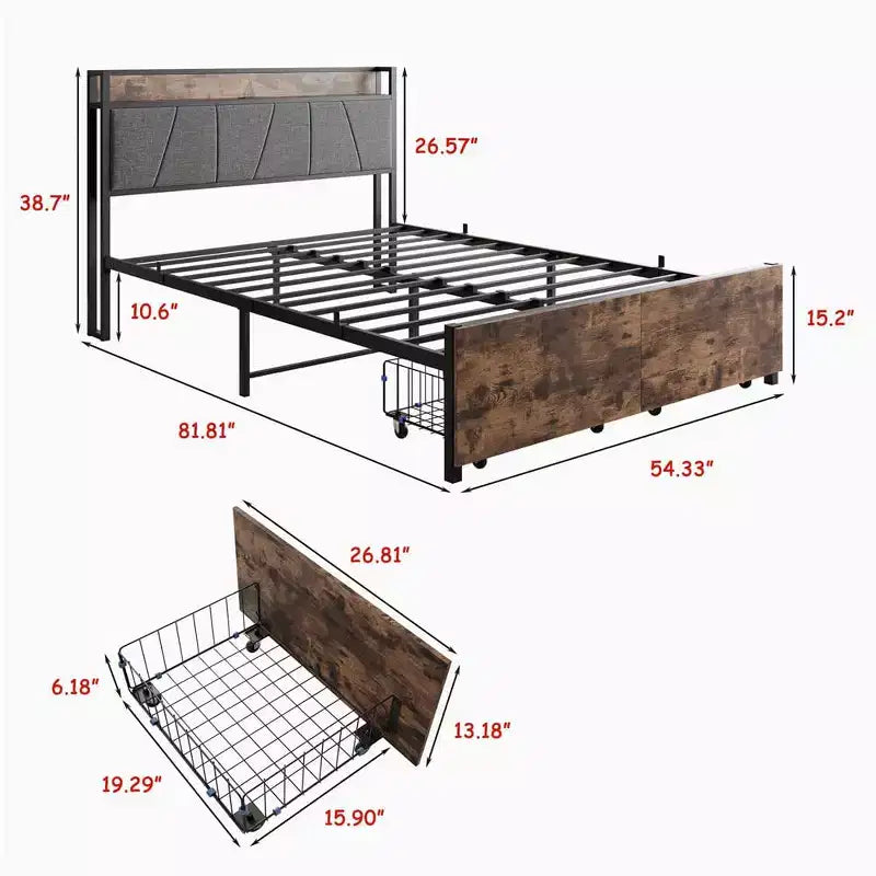 Full Size Platform Bed Frame with Storage Headboard, Charging Ports, 2 Drawers & Hidden Storage, No Box Spring Needed, Easy Assembly