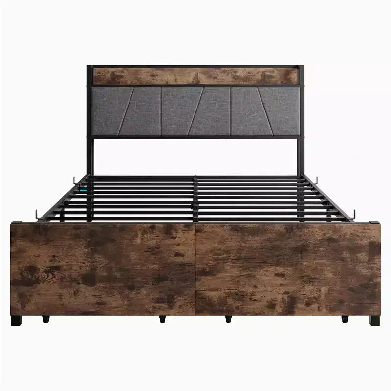 Full Size Platform Bed Frame with Storage Headboard, Charging Ports, 2 Drawers & Hidden Storage, No Box Spring Needed, Easy Assembly