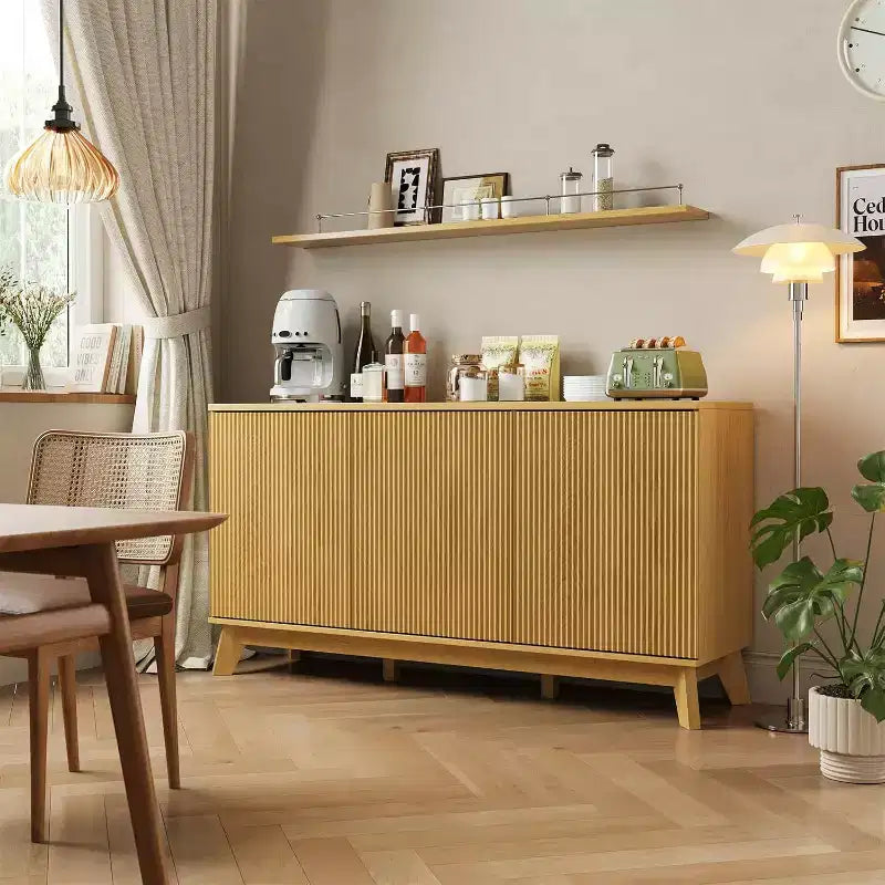58 Coffee Bar Console,Farmhouse Buffet Cabinet with Curved Doors and Adjustable Shelves Wood Storage Sideboard for Dining Room, Living Room