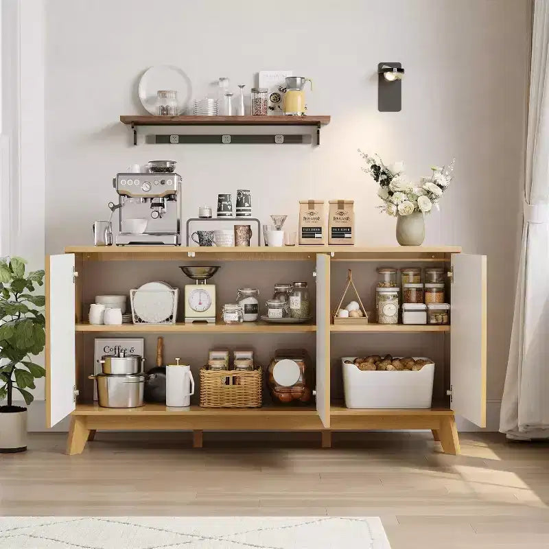 58 Coffee Bar Console,Farmhouse Buffet Cabinet with Curved Doors and Adjustable Shelves Wood Storage Sideboard for Dining Room, Living Room