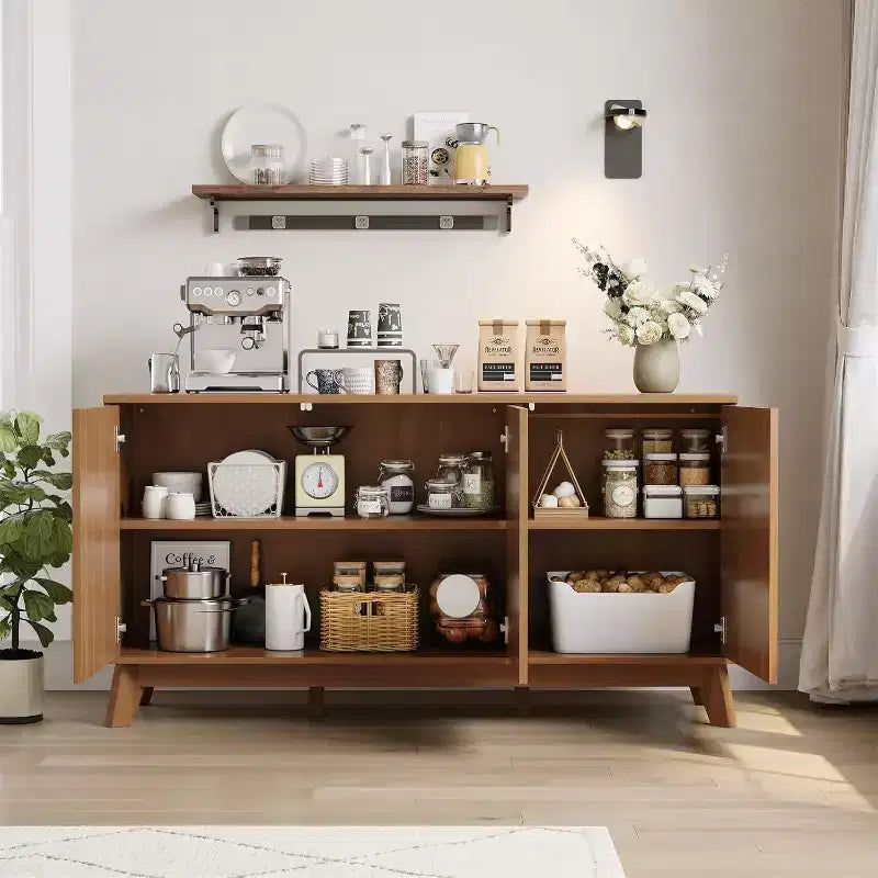 58 Coffee Bar Console,Farmhouse Buffet Cabinet with Curved Doors and Adjustable Shelves Wood Storage Sideboard for Dining Room, Living Room