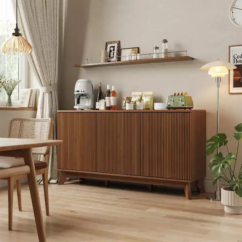 58 Coffee Bar Console,Farmhouse Buffet Cabinet with Curved Doors and Adjustable Shelves Wood Storage Sideboard for Dining Room, Living Room
