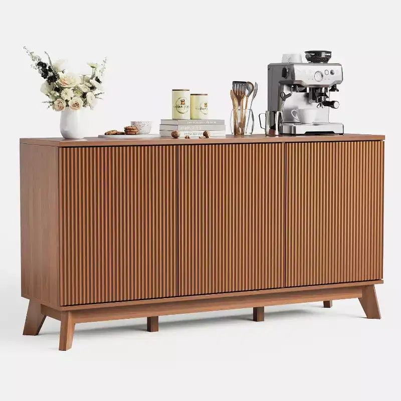 58 Coffee Bar Console,Farmhouse Buffet Cabinet with Curved Doors and Adjustable Shelves Wood Storage Sideboard for Dining Room, Living Room
