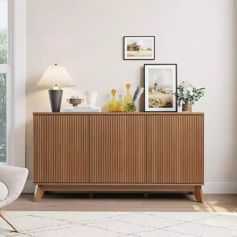 58 Coffee Bar Console,Farmhouse Buffet Cabinet with Curved Doors and Adjustable Shelves Wood Storage Sideboard for Dining Room, Living Room