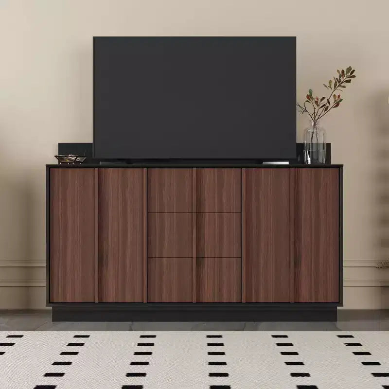 Famapy Multifunctional Storage Cabinet TV Stand with Sliding Outlets  Black Gloss & Wood Finish Entertainment Center