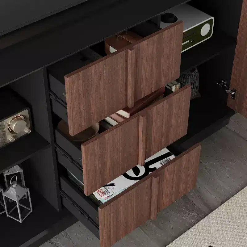 Multifunctional Storage Cabinet TV Stand with Sliding Outlets Black Gloss & Wood Finish Entertainment Center