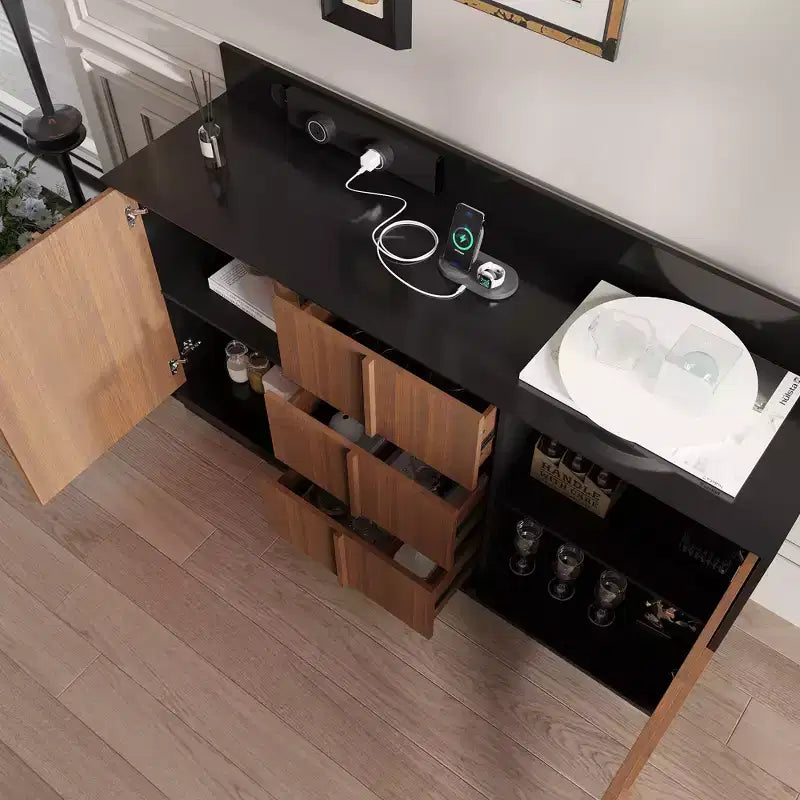 Multifunctional Storage Cabinet TV Stand with Sliding Outlets Black Gloss & Wood Finish Entertainment Center