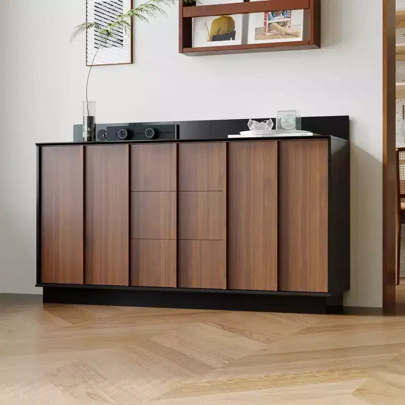 Multifunctional Storage Cabinet TV Stand with Sliding Outlets Black Gloss & Wood Finish Entertainment Center