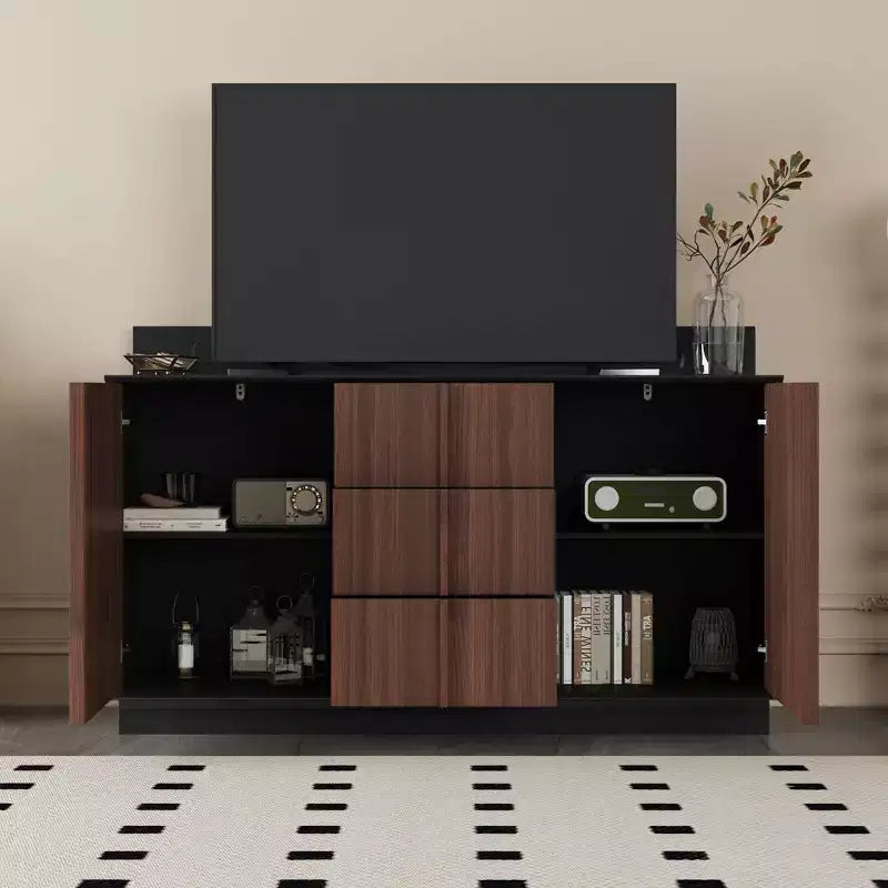 Multifunctional Storage Cabinet TV Stand with Sliding Outlets Black Gloss & Wood Finish Entertainment Center