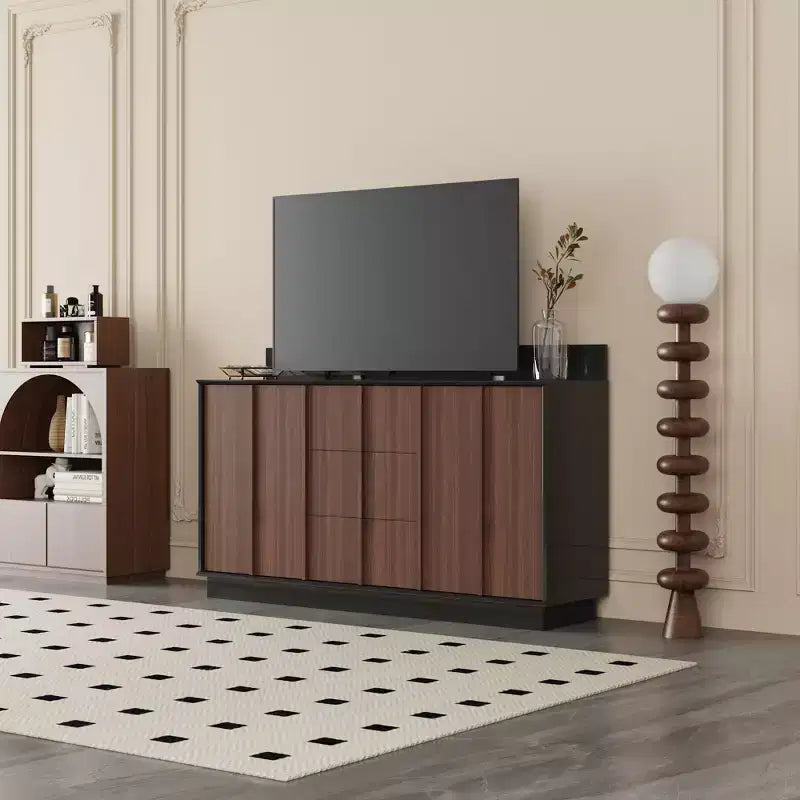 Multifunctional Storage Cabinet TV Stand with Sliding Outlets Black Gloss & Wood Finish Entertainment Center