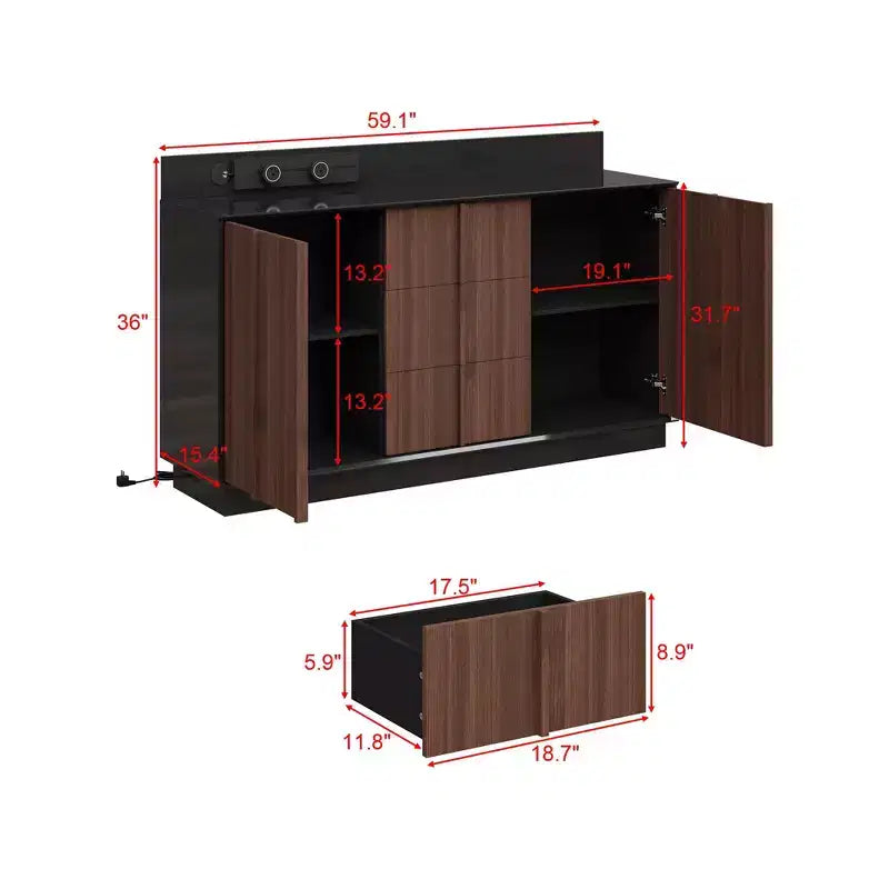 Multifunctional Storage Cabinet TV Stand with Sliding Outlets Black Gloss & Wood Finish Entertainment Center