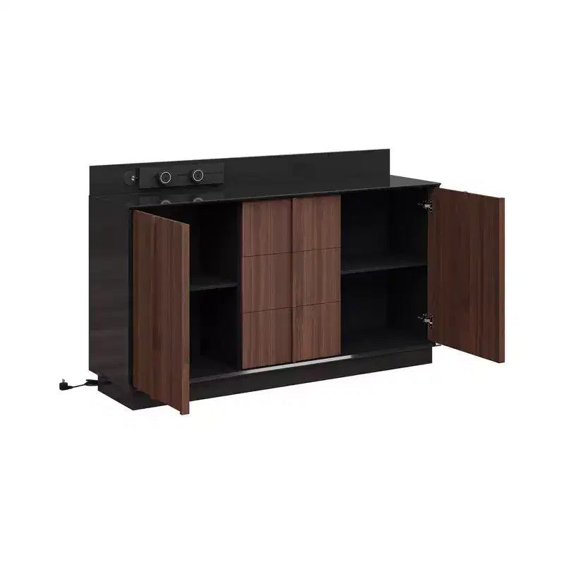 Multifunctional Storage Cabinet TV Stand with Sliding Outlets Black Gloss & Wood Finish Entertainment Center