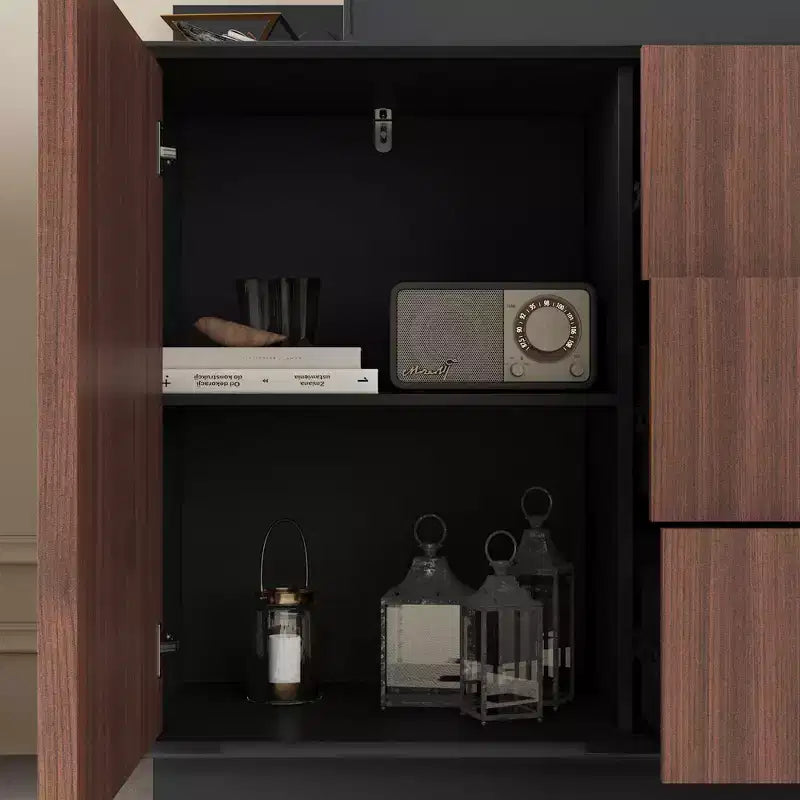 Multifunctional Storage Cabinet TV Stand with Sliding Outlets Black Gloss & Wood Finish Entertainment Center