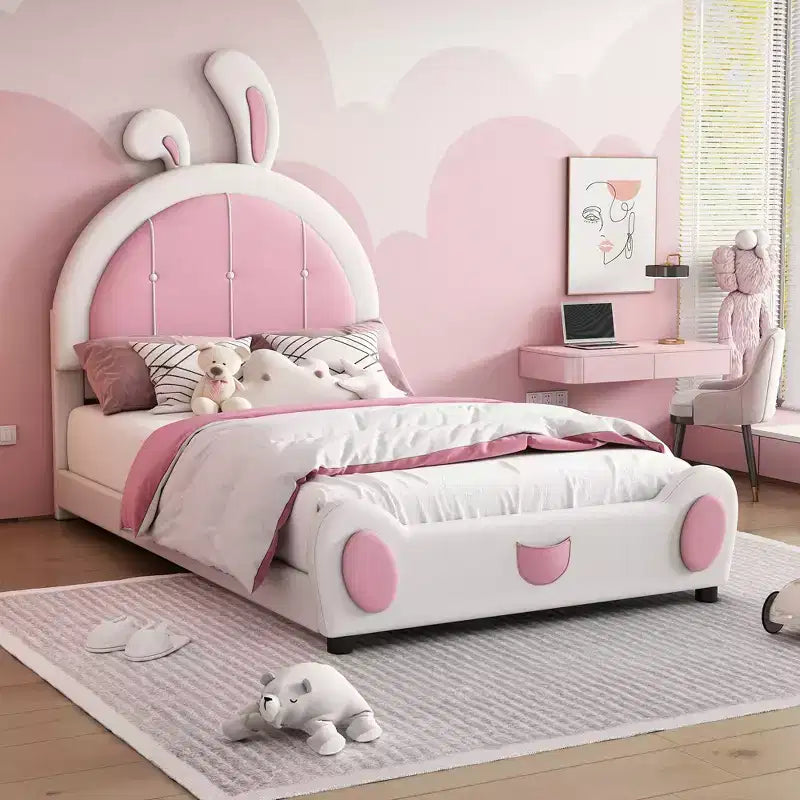 Rabbit Shaped Platform Bed Frame for Kids, Cute Twin PU Upholstered Bed Frame with Headboard for Boys Girls, White+Pink