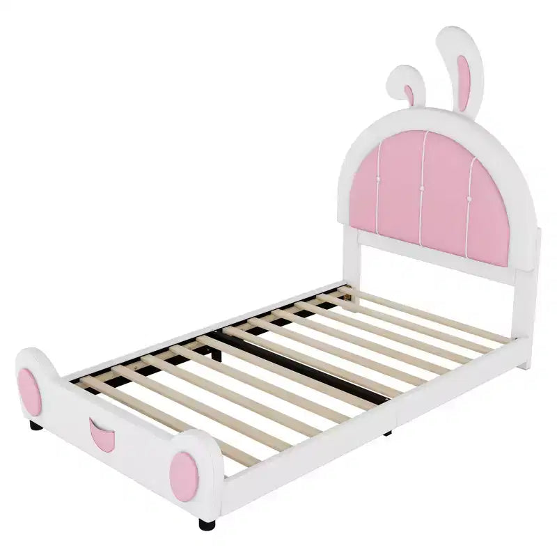 Rabbit Shaped Platform Bed Frame for Kids, Cute Twin PU Upholstered Bed Frame with Headboard for Boys Girls, White+Pink