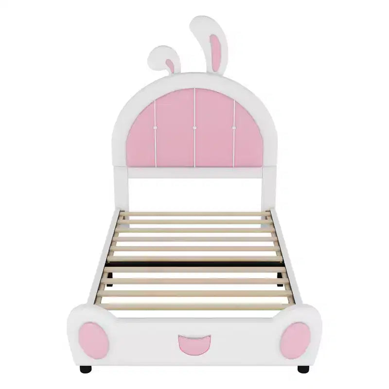 Rabbit Shaped Platform Bed Frame for Kids, Cute Twin PU Upholstered Bed Frame with Headboard for Boys Girls, White+Pink