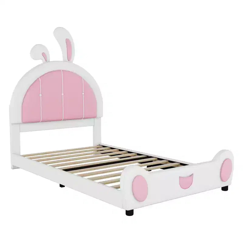 Rabbit Shaped Platform Bed Frame for Kids, Cute Twin PU Upholstered Bed Frame with Headboard for Boys Girls, White+Pink