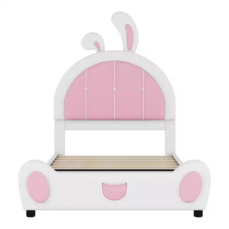 Rabbit Shaped Platform Bed Frame for Kids, Cute Twin PU Upholstered Bed Frame with Headboard for Boys Girls, White+Pink