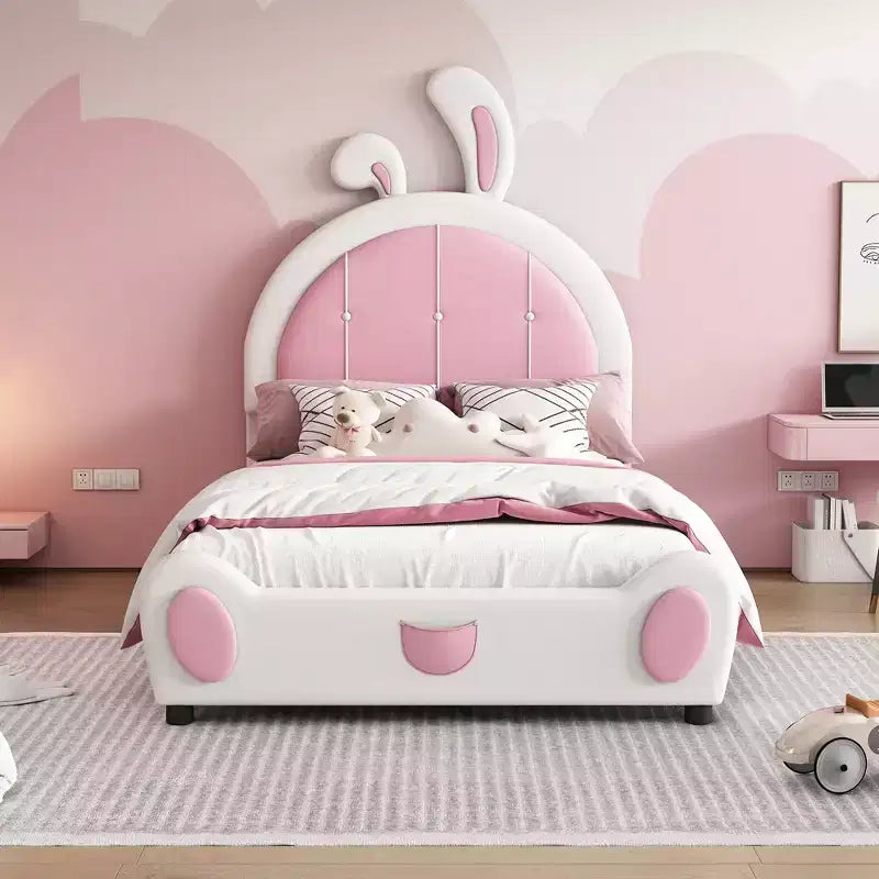 Rabbit Shaped Platform Bed Frame for Kids, Cute Twin PU Upholstered Bed Frame with Headboard for Boys Girls, White+Pink