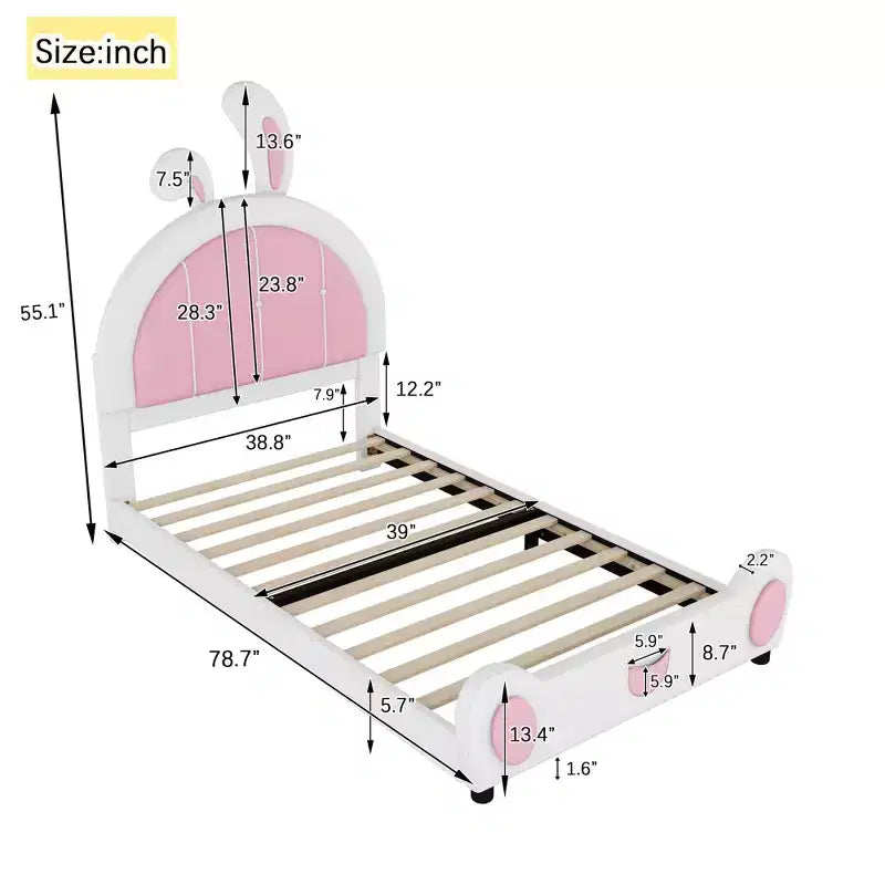 Rabbit Shaped Platform Bed Frame for Kids, Cute Twin PU Upholstered Bed Frame with Headboard for Boys Girls, White+Pink